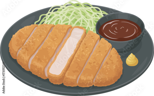 A plate of sliced tonkatsu with shredded cabbage, mustard, and dipping sauce.