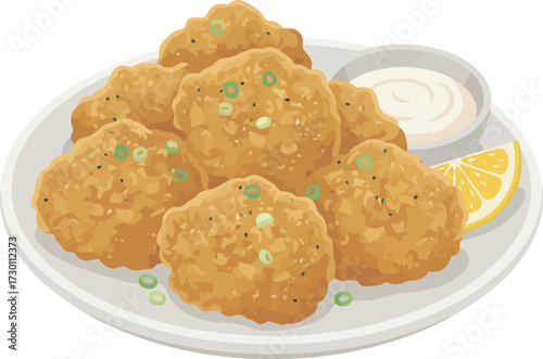 Illustration of golden fried food nuggets on a plate, garnished with herbs, served with a lemon wedge and creamy dipping sauce.