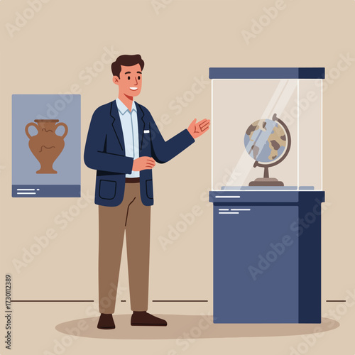 Museum guide with globe, vase display