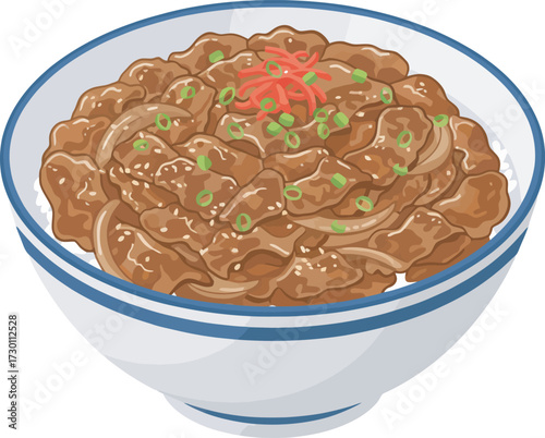 Bowl of gyudon, a Japanese beef bowl, topped with ginger and scallions, served on white rice.