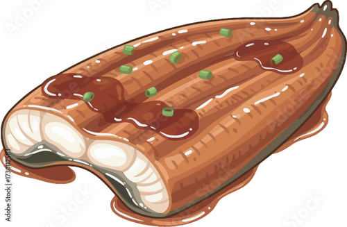 Illustration of a glazed eel fillet, topped with sauce and green onions, presented on a white background.