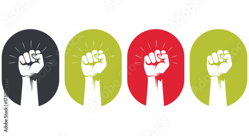 A Collection of Four Raised Fists Symbolizing Power Unity and Collective Action Across Diverse Backgrounds