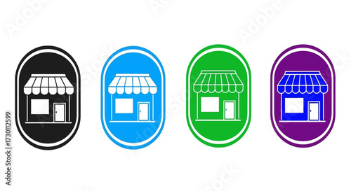 Four Colorful Store Icons Representing Retail Businesses and Services Offering Products to Customers