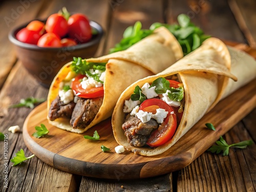 Close Up of Fresh Greek Gyros Wrap with Meat, Tomato, Feta Cheese, and Herbs on Wooden Board