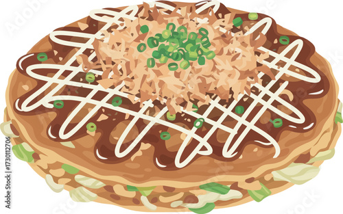 A flat, round, savory pancake topped with sauce, mayonnaise, and garnish.