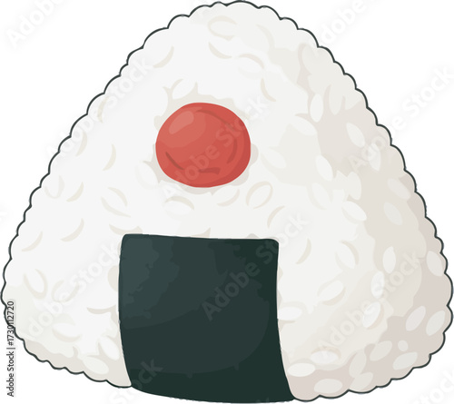 Illustration of an onigiri rice ball with a plum filling and nori seaweed wrap.