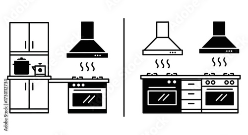 Illustrations of modern kitchen ventilation systems and stove designs showcasing extraction hoods and cooking appliances in different styles