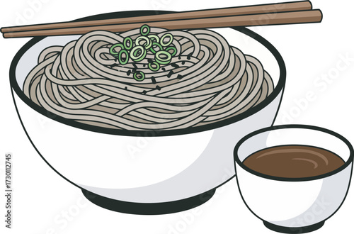 A bowl of soba noodles with scallions and chopsticks, accompanied by a dipping sauce.