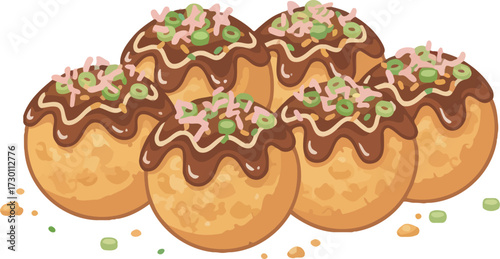Six takoyaki balls are arranged, drizzled with sauce and topped with green onions and bonito flakes.