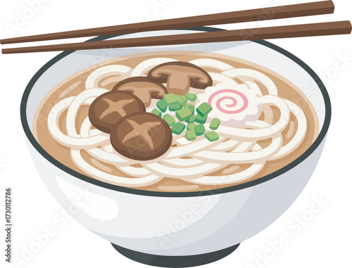 A bowl of Japanese udon noodles with mushrooms, scallions, and fish cake, ready to eat.