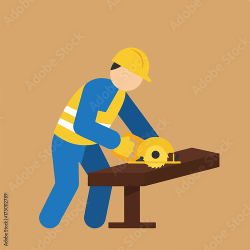 Worker with safety gear cuts wood with a circular saw on a work table