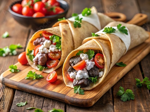 Delicious beef shawarma wraps with vegetables on a wooden cutting board