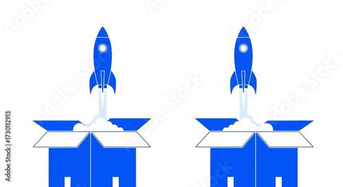 Two blue rockets launching from open cardboard boxes with white backgrounds illustrating business growth and innovation