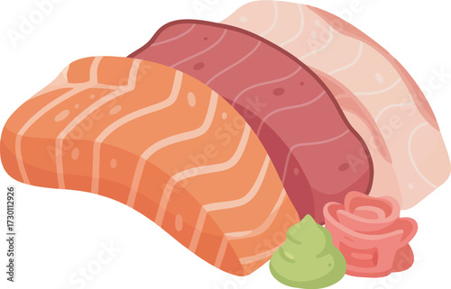 Illustration of three slices of raw fish (sashimi) with ginger and wasabi.