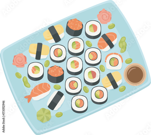 A colorful illustration of a variety of sushi rolls and nigiri, beautifully arranged on a blue plate.
