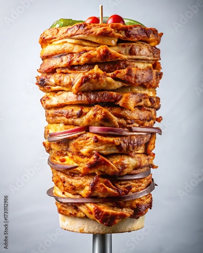Delicious chicken shawarma on a spit with vegetables, middle eastern cuisine