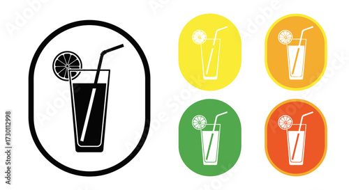 Refreshing Beverage Icon Set Featuring Tall Glass with Straw and Lemon Slice Perfect for Summer Drinks and Refreshments
