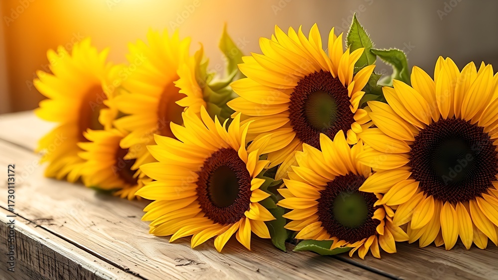 Fototapeta premium Sunflowers on a rustic wooden surface, warm golden hour light enhancing their natural beauty.