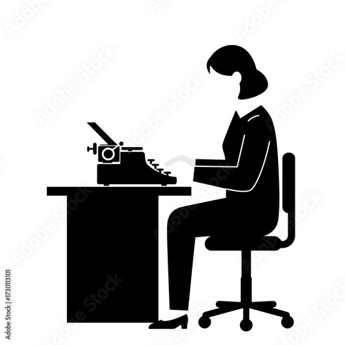 Silhouette of a woman typing on a vintage typewriter at a desk isolated on transparent background