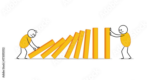 Two people in a line of dominoes one pushing forward the other one stopping them from falling over