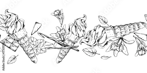 Mint leaves on soft ice cream swirl in waffle cone with chocolate bits, vanilla flower pods. Vector graphic seamless banner border hand drawn in pen and ink. Dessert art, cafe sheet, summer fair decor