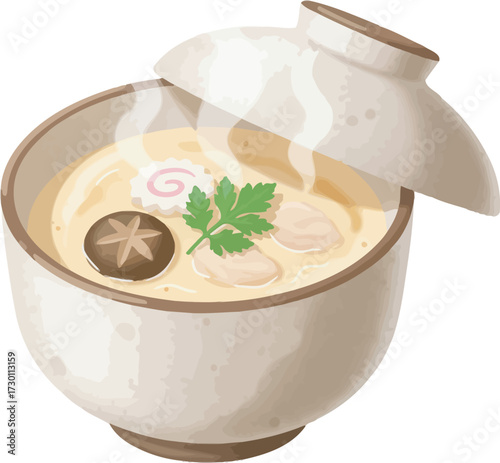 Illustration of a steaming bowl of Japanese Chawanmushi egg custard with mushroom, fish cake, and parsley, with the lid partially open.
