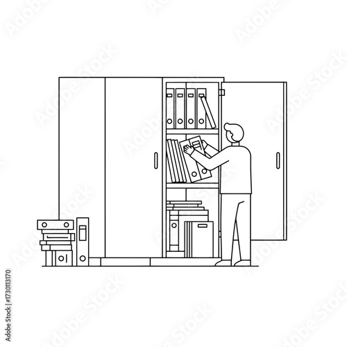 Man organizing binders in an office cabinet isolated on transparent background