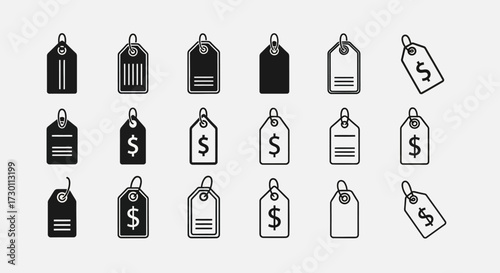 Collection of Modern Black and White Price Tag Icons for Retail and Sale Promotions