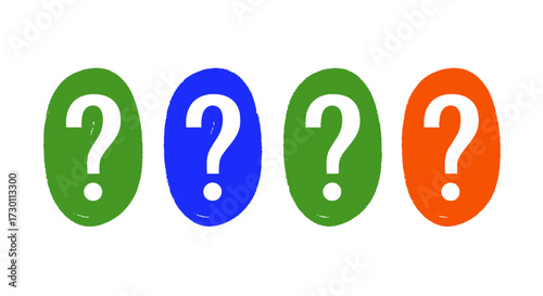 A collection of four question marks inside colorful oval shapes depicting uncertainty curiosity and the unknown in a playful and artistic style