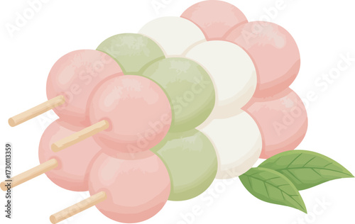 Stack of Dango skewers with pink, green, and white mochi balls, garnished with green leaves.