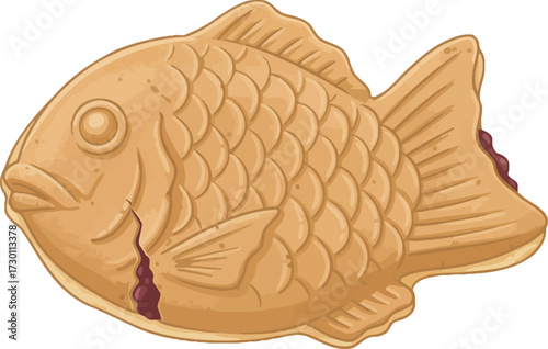 A delicious, detailed illustration of a traditional Japanese fish-shaped pastry, Taiyaki.