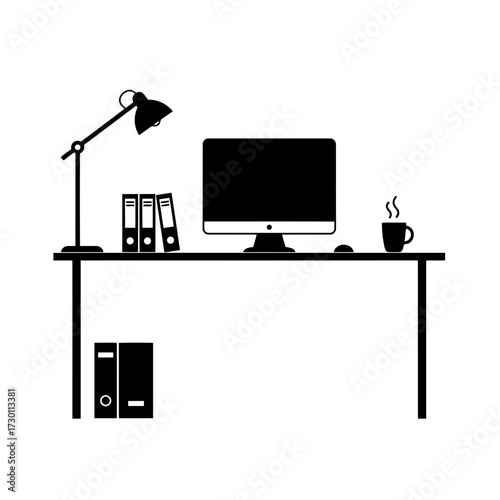 White minimalist desk setup with binders and laptop isolated on transparent background