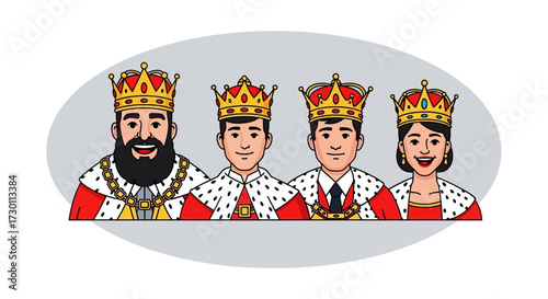 A Group of Four People Wearing Elaborate Royal Crowns and Majestic Red and White Ermine Robes Standing Together in a Circle