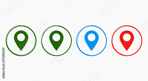 Set of Circular Location Pointers in Red Blue Green and Black Colors with Textured Borders Representing Navigation and Geo Tagging Concepts