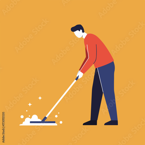 Person mopping floor. Simple, stylized illustration on a yellow background