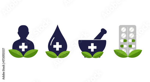 Collection of Medical Healthcare Symbols Representing Pharmacy Biotechnology Natural Remedies and Pharmaceutical Care