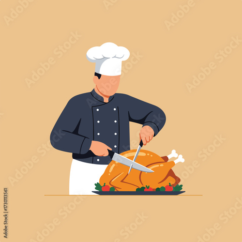 Chef carves turkey with knife. Tomatoes and greens garnish the dish