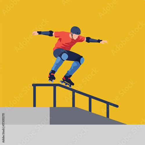 Skater on a rail, wearing safety gear, on a yellow background