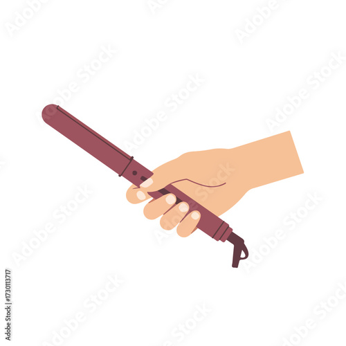 Hand grips maroon curling iron, fingers wrapped around heated styling tool