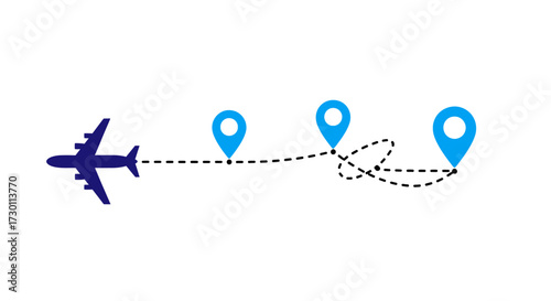 Airplane Flying Through Locations on a Route Marked by Pinned Destinations Representing Travel and Exploration