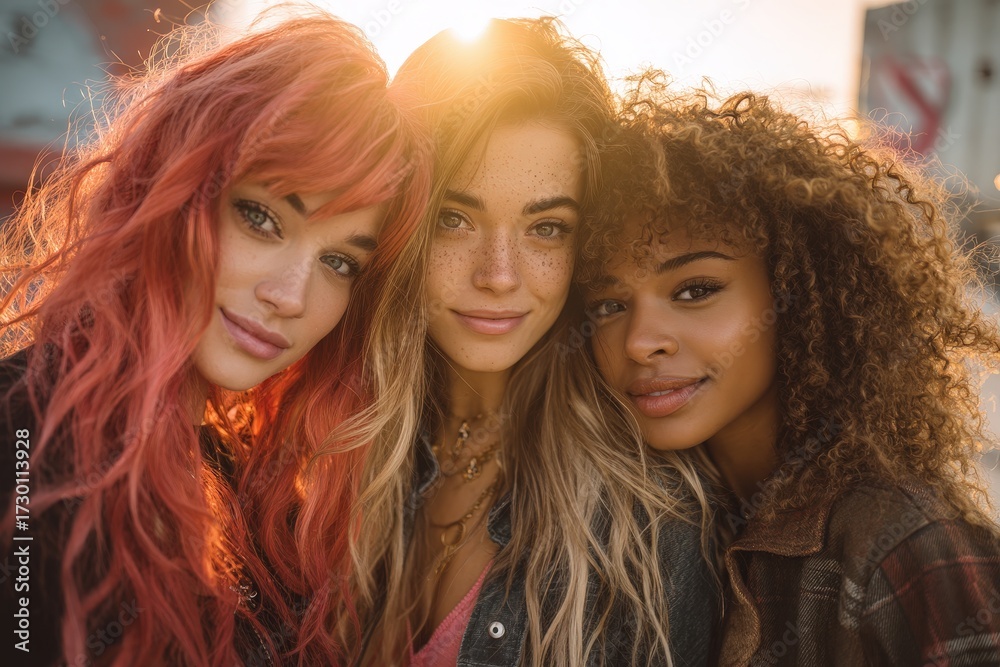 Fototapeta premium Three diverse young women, close together, with vibrant hair colors, share a warm and friendly expression.