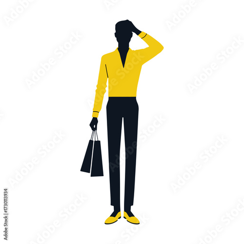Confused Shopper Holding Bags Searching or Lost Flat Vector Illustration with Yellow Shirt.