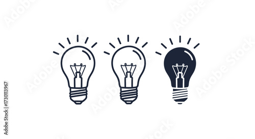 Three light bulbs representing innovation and ideas one distinctly dark and lit up from the others shining brightly
