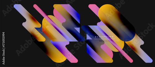 Abstract shapes overlap, creating vibrant gradients. Modern design with dark background, dynamic composition. Minimalist aesthetic.