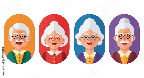 Diverse Group of Four Elderly Individuals Smiling Brightly in Oval Frames Representing Generations and Family Togetherness