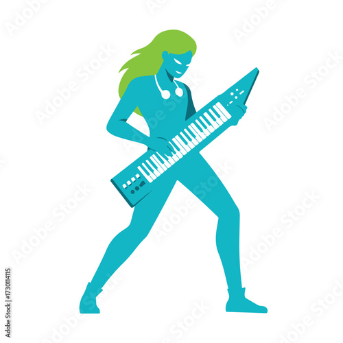 Woman holding a keytar with headphones, in flat style with green hair
