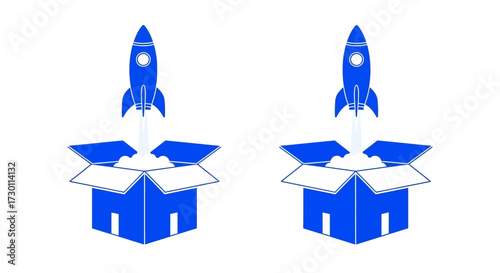 Two Blue Rockets Launching from Cardboard Boxes Symbolizing Business Growth and Startup Success Innovation and Future Opportunities