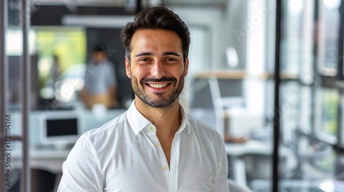 Man holding a tablet in a modern office environment.