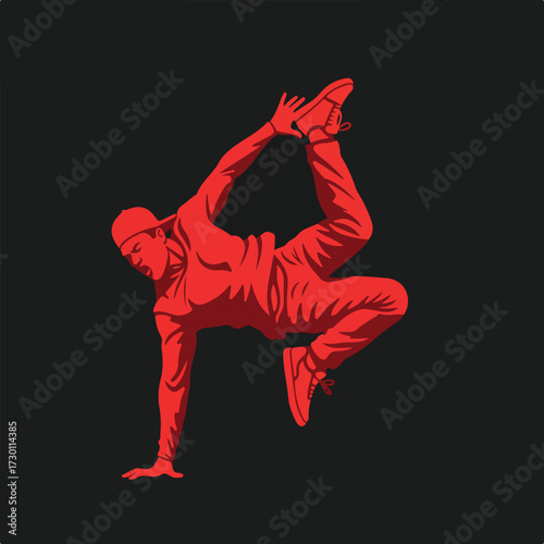 Red figure doing a handstand, leg bent, wearing cap on black background