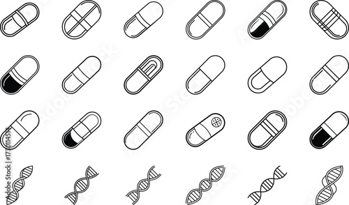 Hospital, Ambulance, DNA, Pills, Syringe, Stethoscope, Microscope, First Aid Kit, Thermometer, Report, Injection, Emergency Bell, Vaccine, Laboratory Flask, and Medical Cross Line Icons on White Backg